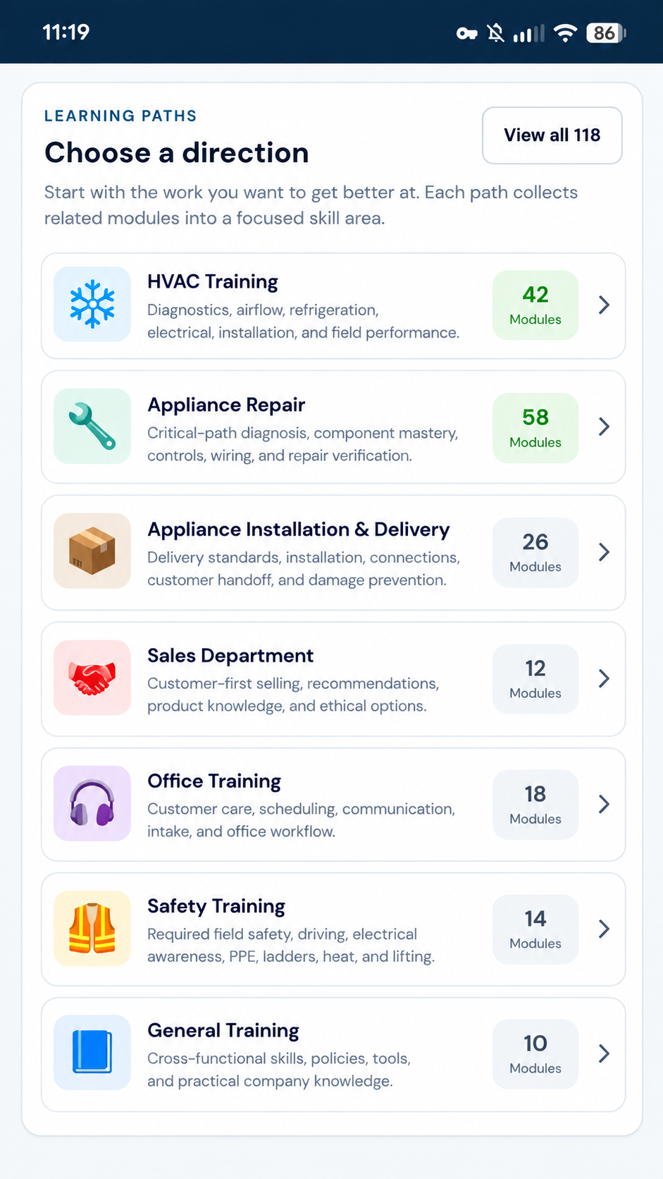 Training mobile interface